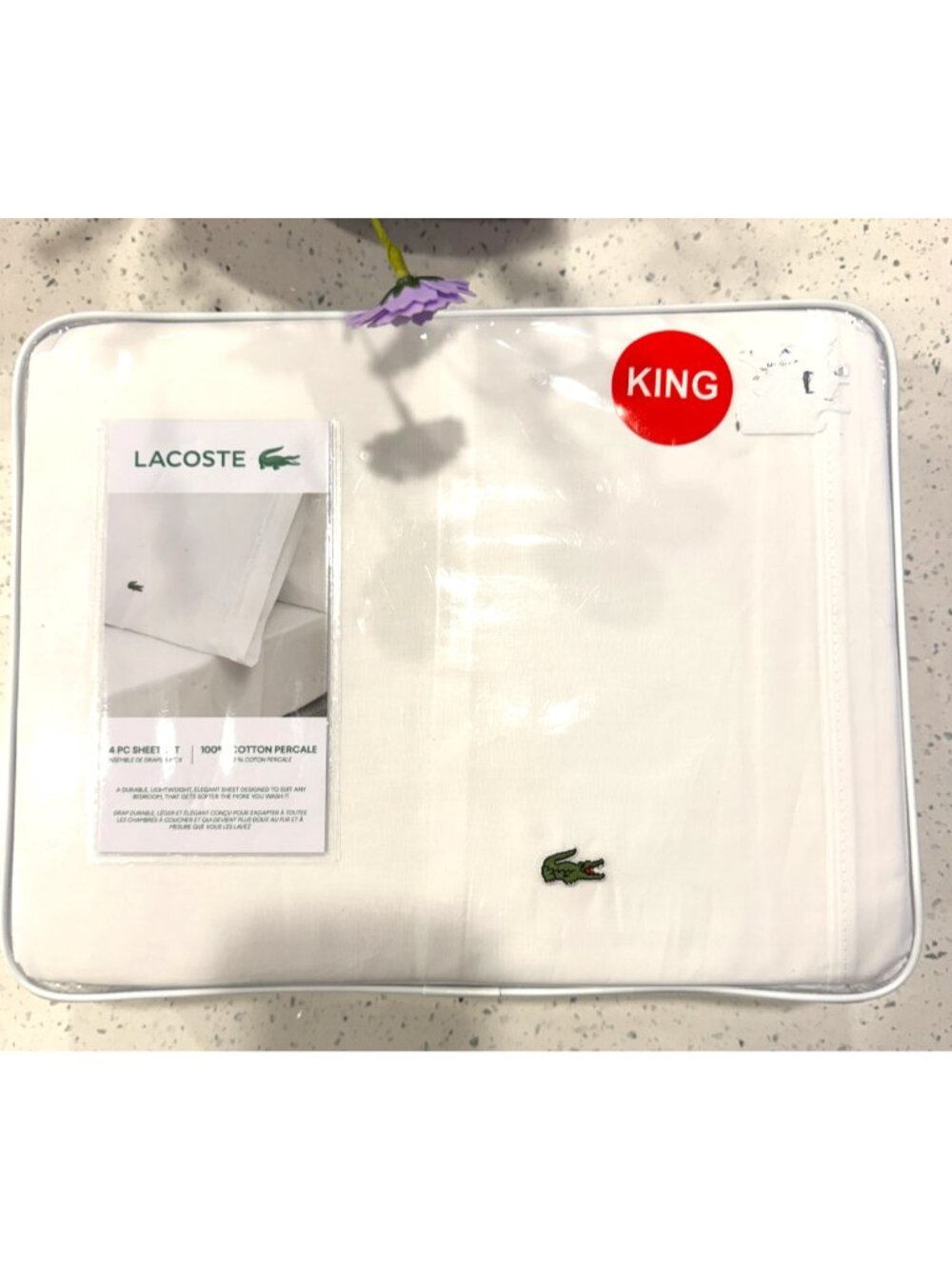 Lacoste 4pc KING Sheet Set 100% Cotton Percale White with Logo NEW